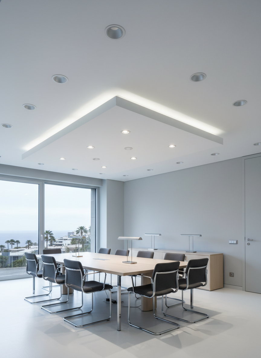 A sophisticated lighting installation in a contemporary Tenerife office interior, featuring recessed LED downlights arranged in a precise grid on a smooth white ceiling. Below, indirect LED strip lighting runs along the edges of a suspended ceiling panel, casting a soft glow on the pale gray walls and minimalist furniture. Large windows on one side suggest a coastal urban setting, with the exterior softly blurred. The space is bathed in balanced, neutral-white light, with subtle highlights on metallic fixtures. Photographic realism, wide-angle shot at eye level, capturing the entire room in crisp detail. The atmosphere is modern, efficient, and professional, showcasing expert design and execution of commercial lighting installations in El Sauzal.