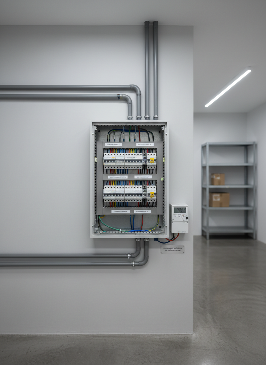 A high-quality electrical distribution board installed in a small commercial space, featuring clearly separated circuits, labeled modular devices, and a modern digital energy meter. The board is flush-mounted in a smooth, light-colored wall, with gray EMT conduits running neatly above and below, following precise right angles. The room has a minimal industrial feel, with polished concrete flooring and a hint of shelving in the softly blurred background. Cool, even LED lighting from above creates crisp, shadow-free visibility on every component. Photographic realism, framed using the rule of thirds for a balanced, technical composition. The atmosphere communicates precision, safety, and professional compliance with regulations for businesses in El Sauzal, Tenerife.