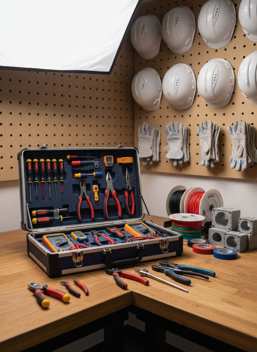 A neatly organized workshop corner dedicated to electrical tools and materials, with an open toolbox displaying insulated screwdrivers, voltage testers, precision pliers, cable strippers, and multimeters arranged in foam cutouts. Nearby, spools of color-coded electrical wire, rolls of insulating tape, and junction boxes rest on a clean wooden workbench. On the wall behind, pegboard-mounted non-branded safety equipment such as hard hats and gloves hangs in orderly rows. Soft, diffused studio lighting from above and slightly to the side creates gentle highlights and minimal shadows. Photographic realism, slightly elevated angle with shallow depth of field, focusing on the tools while leaving the background softly blurred. The mood is professional and trustworthy, emphasizing preparation and safe electrical installation work.