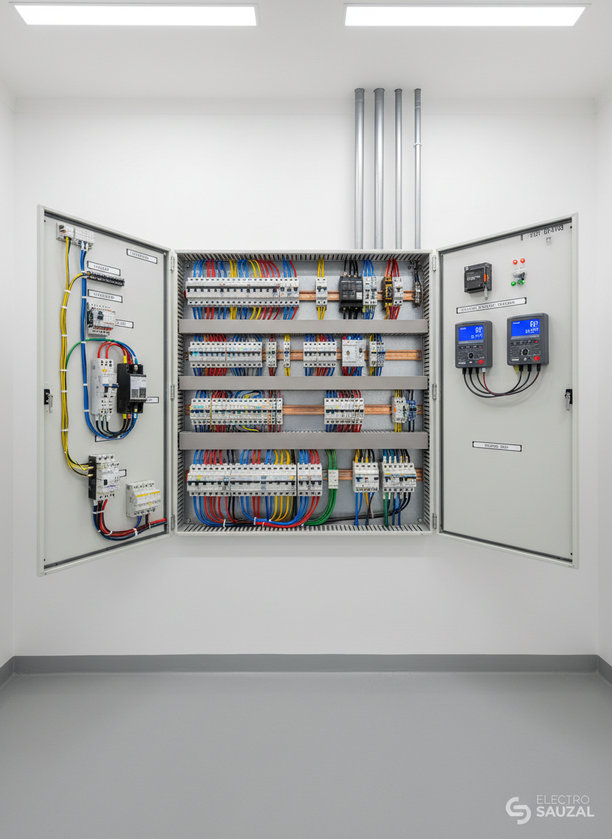 A meticulously organized electrical control panel mounted on a pristine white wall, filled with neatly routed colored cables, labeled breakers, and modern digital meters. The panel is open, revealing gleaming copper busbars, insulated terminals, and high-quality safety components. It is situated in a clean technical room with smooth gray flooring and tidy conduit runs rising vertically toward the ceiling. Soft, diffused overhead LED lighting creates even illumination with subtle reflections on metallic surfaces, emphasizing order and professionalism. Photographic realism, eye-level composition with sharp focus throughout, conveying a sense of safety, reliability, and expert electrical installation work suitable for a professional services website in El Sauzal, Tenerife.