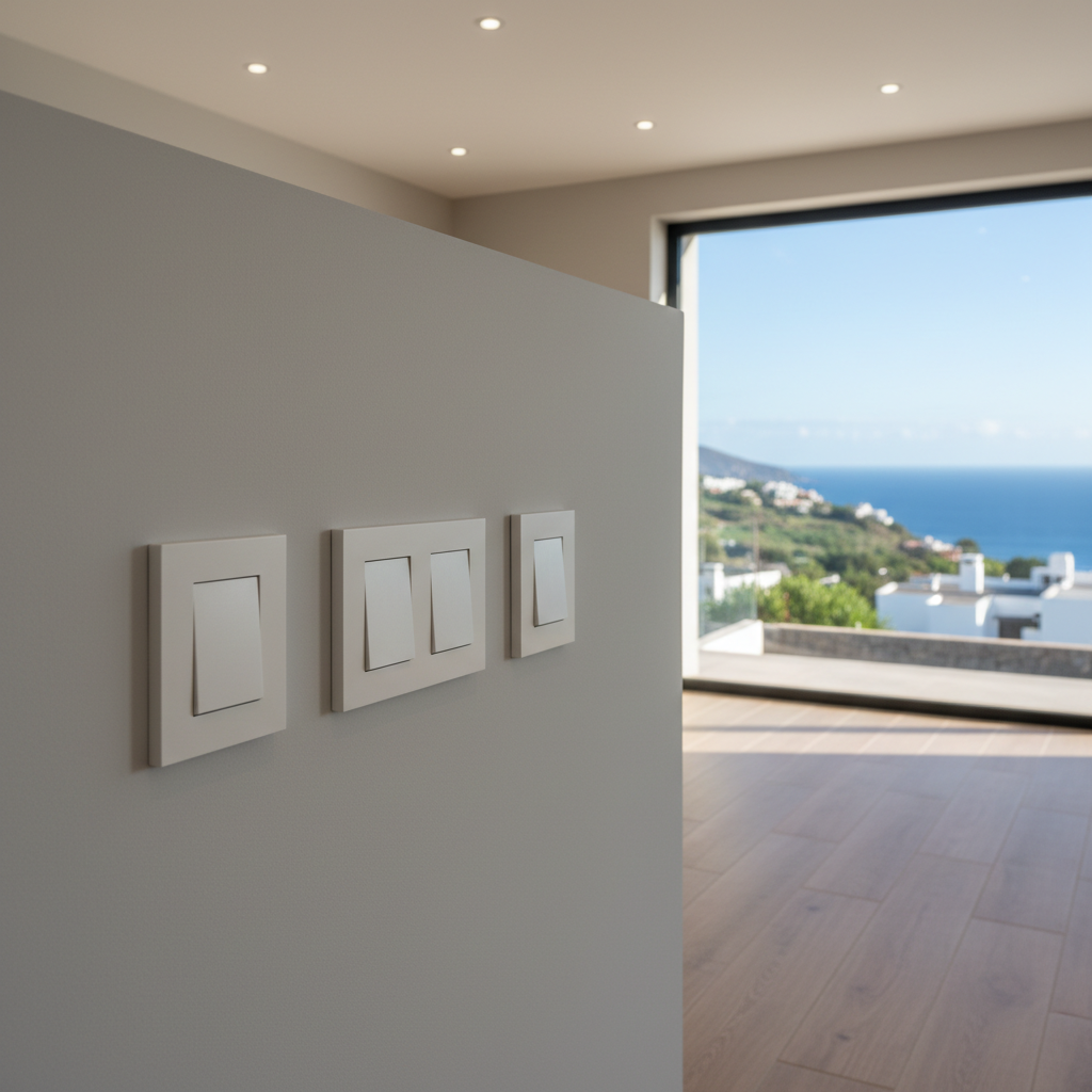 A modern residential electrical installation in a bright, newly renovated living room, showcasing a row of sleek white wall sockets and light switches perfectly aligned on a smooth, light-gray painted wall. Textured wood-look porcelain flooring leads the eye toward a large window with a hint of Tenerife’s coastal landscape gently blurred outside. Natural afternoon sunlight filters in, complemented by discrete recessed ceiling lights, casting soft, warm shadows. Photographic realism with a slightly angled close-up shot, highlighting the clean lines, flawless finishes, and quality materials. The atmosphere is calm, safe, and contemporary, reflecting professional electrical services for homes in El Sauzal.