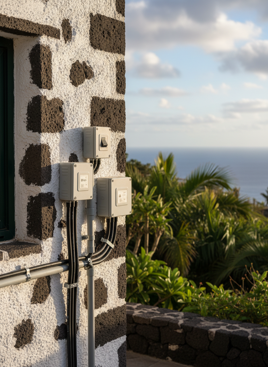 A detailed close-up of a sturdy outdoor electrical installation on the exterior wall of a Canary-style building in El Sauzal, with textured white stucco and volcanic stone details. Weatherproof gray electrical boxes, sealed conduits, and neatly secured cables run along the wall, all components clearly rated for outdoor use. In the softly blurred background, lush green vegetation and a hint of the Atlantic Ocean suggest the Tenerife setting. Captured in warm late-afternoon sunlight, with gentle shadows emphasizing surface textures. Photographic realism, shot at eye level with moderate depth of field, creating a professional, reliable mood focused on safe exterior electrical work in coastal conditions.